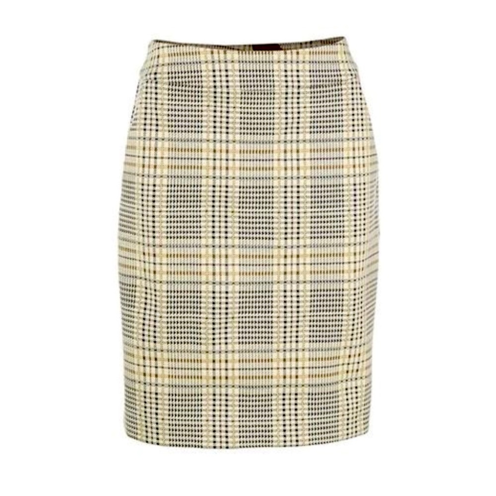 cabi Travel Skirt (4580); Size 8; Cream/Black/Brown Plaid